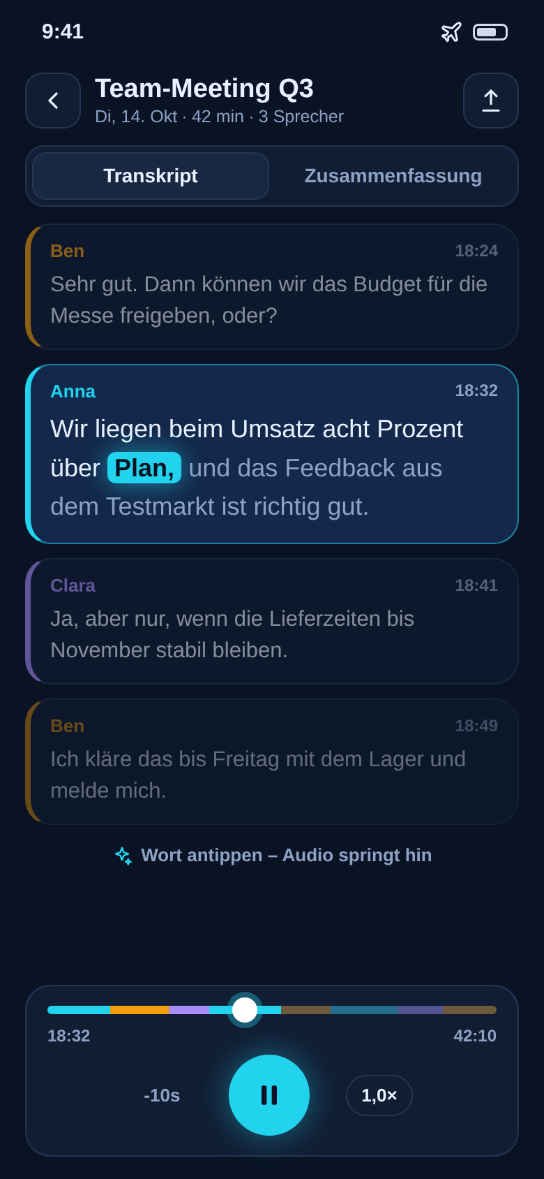Wiedergabe mit hervorgehobenem aktuellem Wort und farbiger Zeitleiste je Sprecher