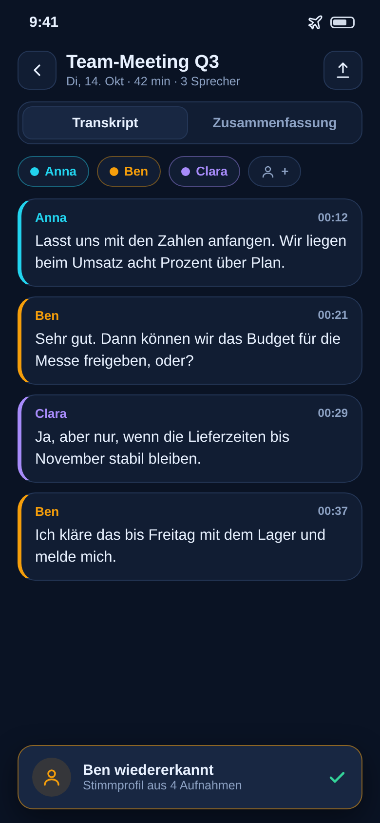 Transkript mit farbigen Sprecher-Blasen für Anna, Ben und Clara, Hinweis „Ben wiedererkannt“