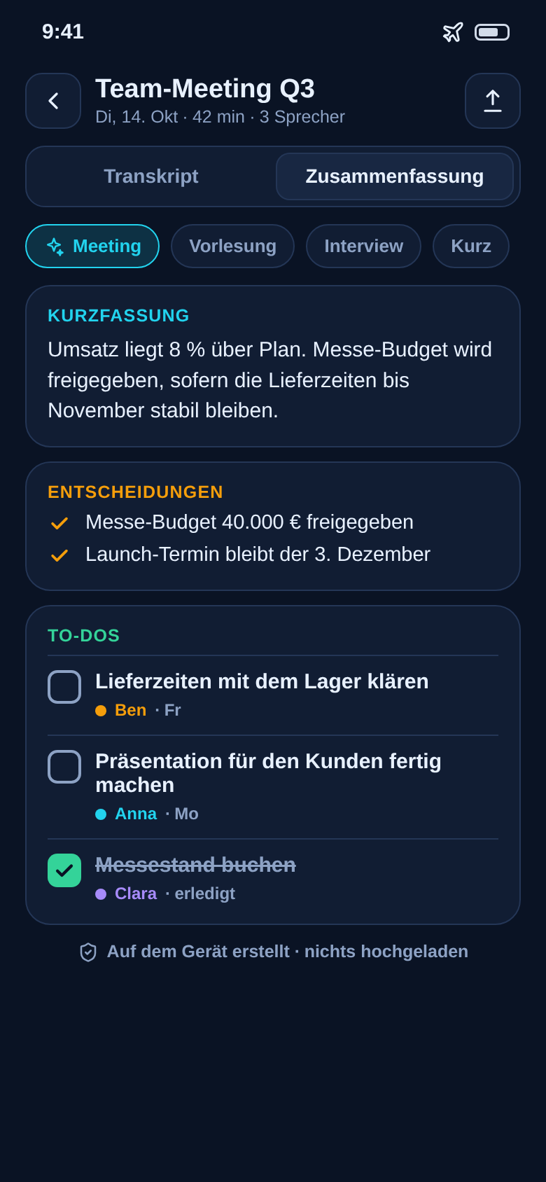 Meeting-Zusammenfassung mit Kurzfassung, Entscheidungen und abhakbaren To-dos